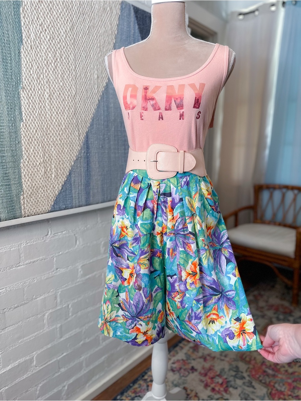 Marilyn 80s/90sTurquoise Green and Purple Floral Wide Leg Shorts
